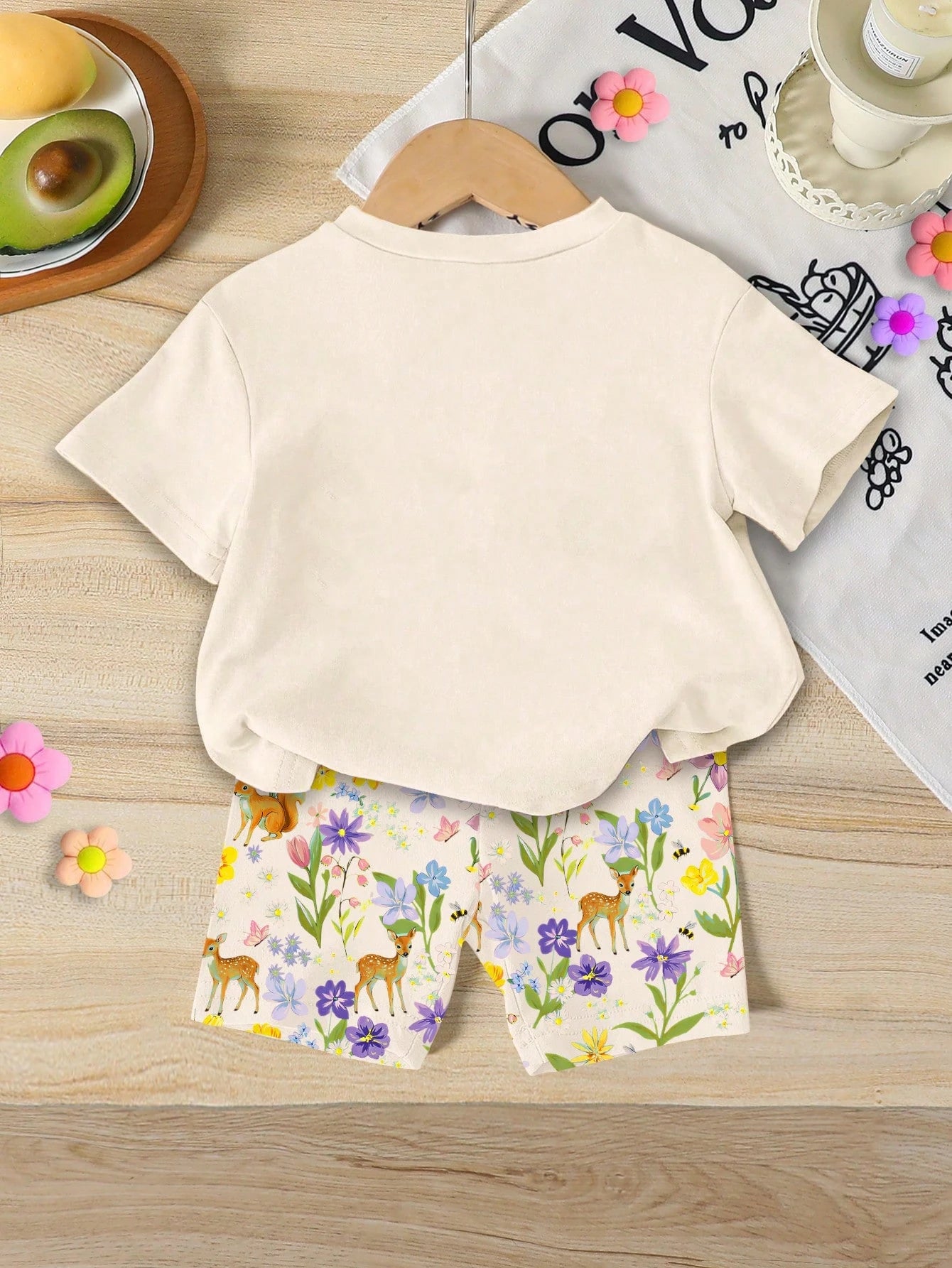 Summer Baby Girl Casual Multi-Piece Set, Brown & Apricot Leopard Print Cartoon Rabbit Pattern, Round Neck Short Sleeve T-Shirt & Shorts