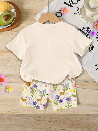 Summer Baby Girl Casual Multi-Piece Set, Brown & Apricot Leopard Print Cartoon Rabbit Pattern, Round Neck Short Sleeve T-Shirt & Shorts