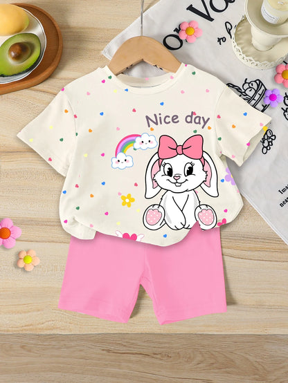 Summer Baby Girl Casual Multi-Piece Set, Brown & Apricot Leopard Print Cartoon Rabbit Pattern, Round Neck Short Sleeve T-Shirt & Shorts