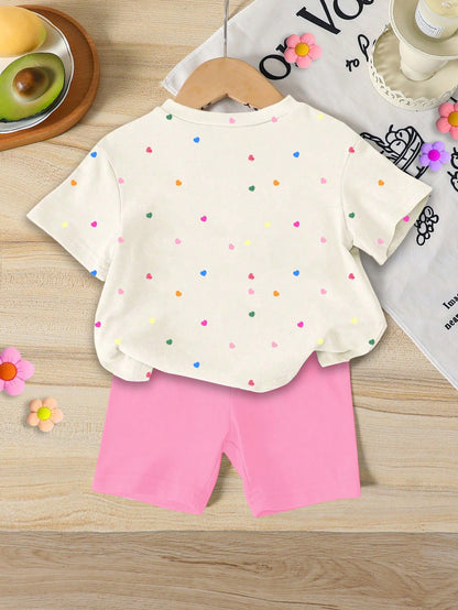Summer Baby Girl Casual Multi-Piece Set, Brown & Apricot Leopard Print Cartoon Rabbit Pattern, Round Neck Short Sleeve T-Shirt & Shorts