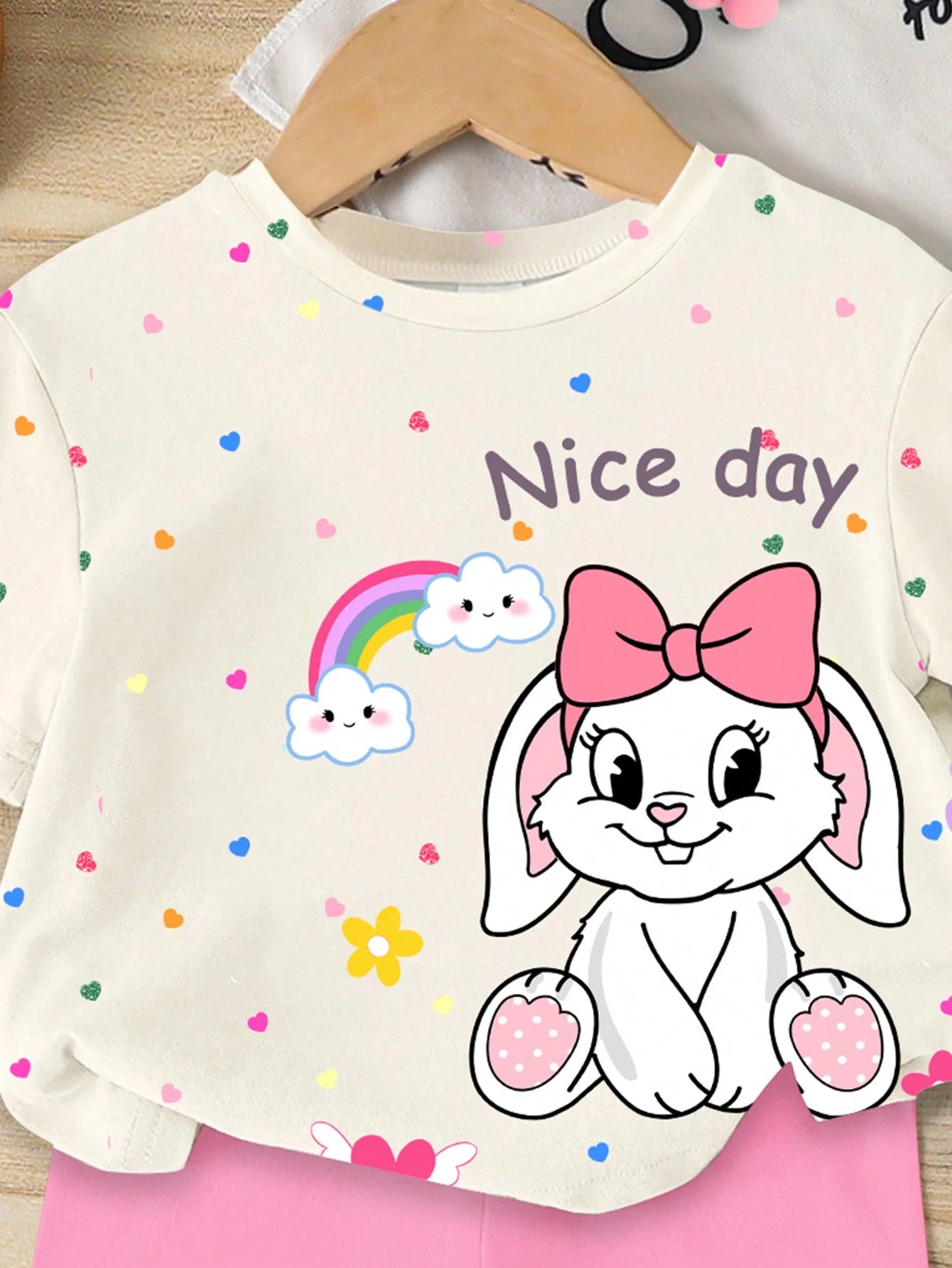 Summer Baby Girl Casual Multi-Piece Set, Brown & Apricot Leopard Print Cartoon Rabbit Pattern, Round Neck Short Sleeve T-Shirt & Shorts