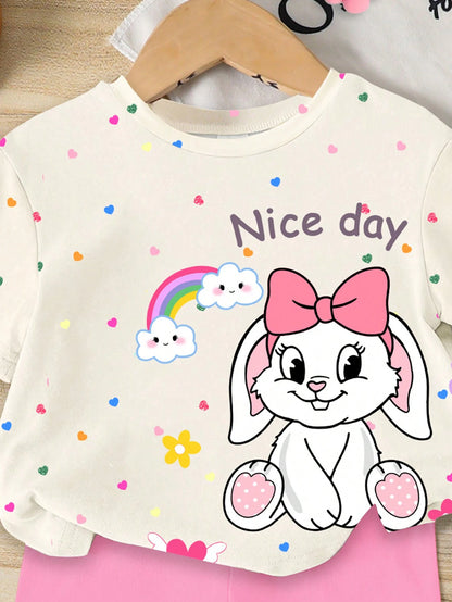 Summer Baby Girl Casual Multi-Piece Set, Brown & Apricot Leopard Print Cartoon Rabbit Pattern, Round Neck Short Sleeve T-Shirt & Shorts