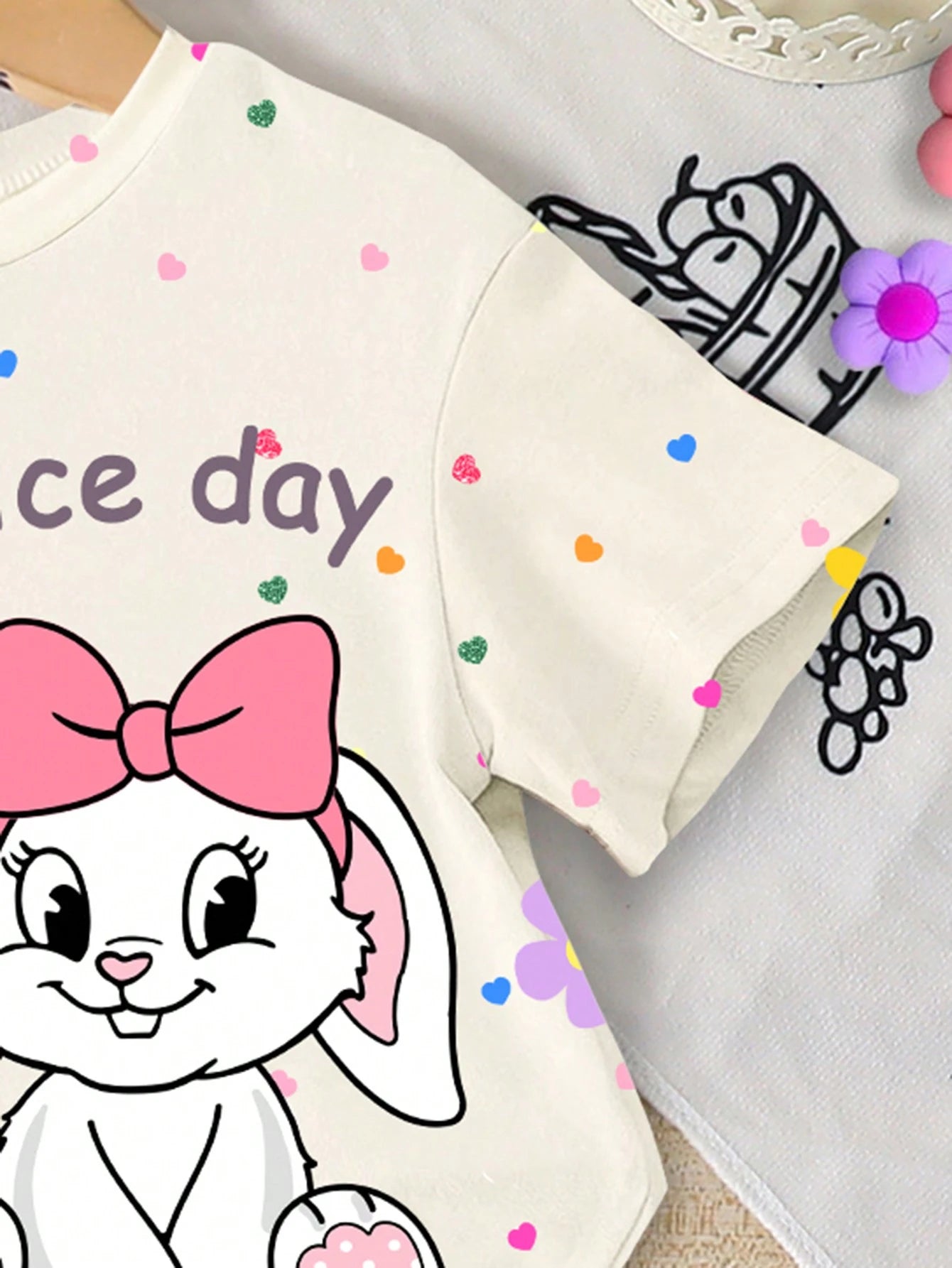 Summer Baby Girl Casual Multi-Piece Set, Brown & Apricot Leopard Print Cartoon Rabbit Pattern, Round Neck Short Sleeve T-Shirt & Shorts