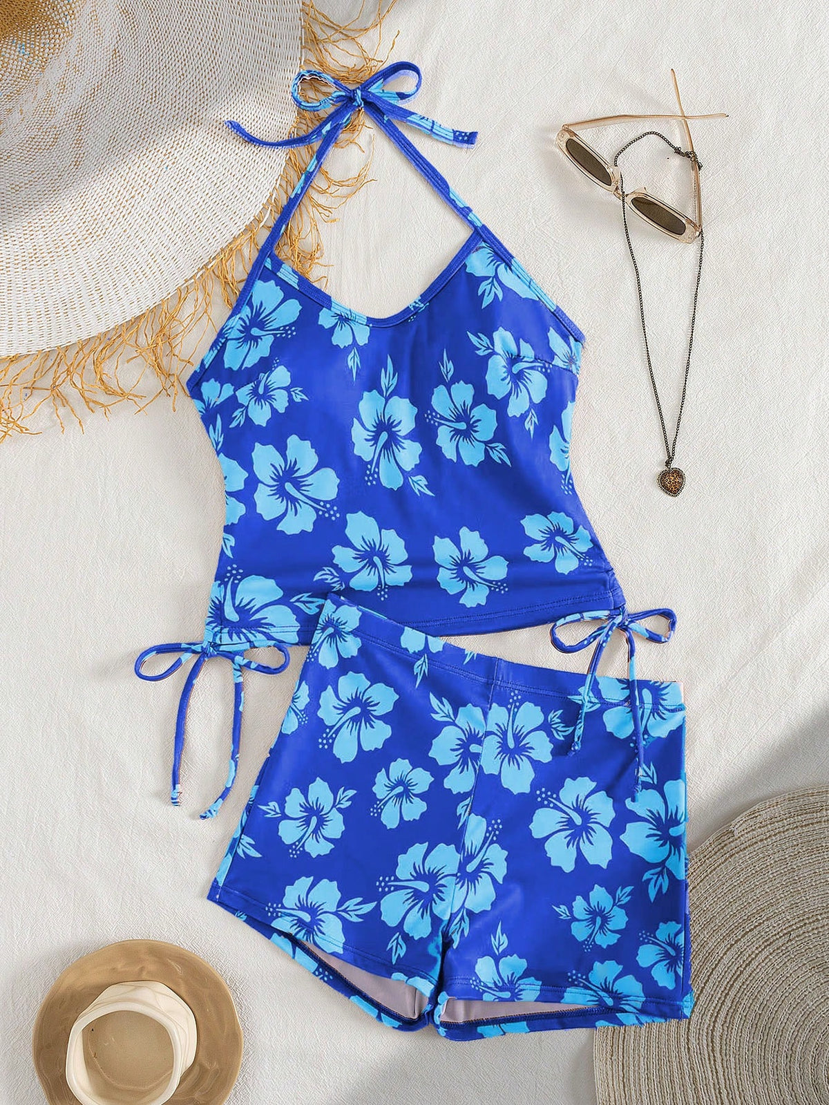 Summer Beach New 2-Piece Fashion Tankini Set, Full Coverage Camisole Top With Thin Straps, Floral Print, Conservative Bikini Shorts, Elegant Beach Vacation Style Swimsuit