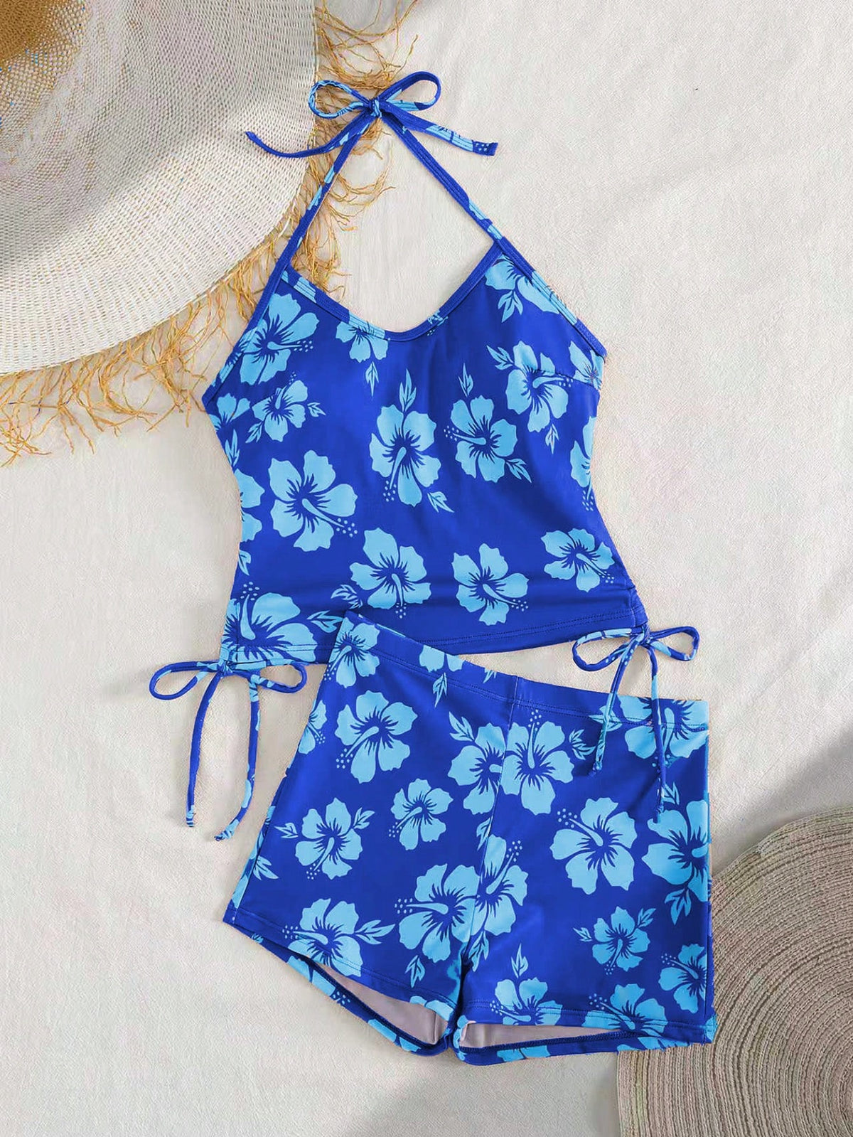 Summer Beach New 2-Piece Fashion Tankini Set, Full Coverage Camisole Top With Thin Straps, Floral Print, Conservative Bikini Shorts, Elegant Beach Vacation Style Swimsuit