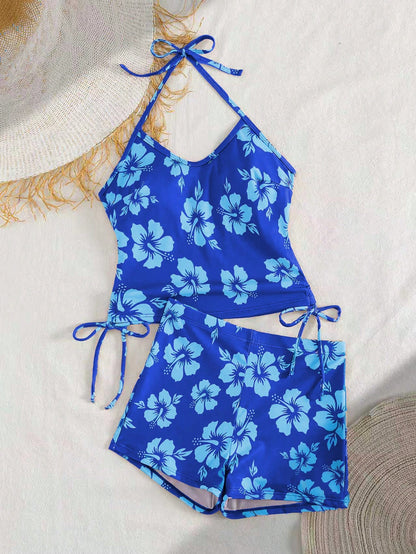 Summer Beach New 2-Piece Fashion Tankini Set, Full Coverage Camisole Top With Thin Straps, Floral Print, Conservative Bikini Shorts, Elegant Beach Vacation Style Swimsuit