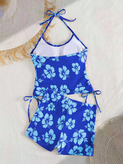 Summer Beach New 2-Piece Fashion Tankini Set, Full Coverage Camisole Top With Thin Straps, Floral Print, Conservative Bikini Shorts, Elegant Beach Vacation Style Swimsuit
