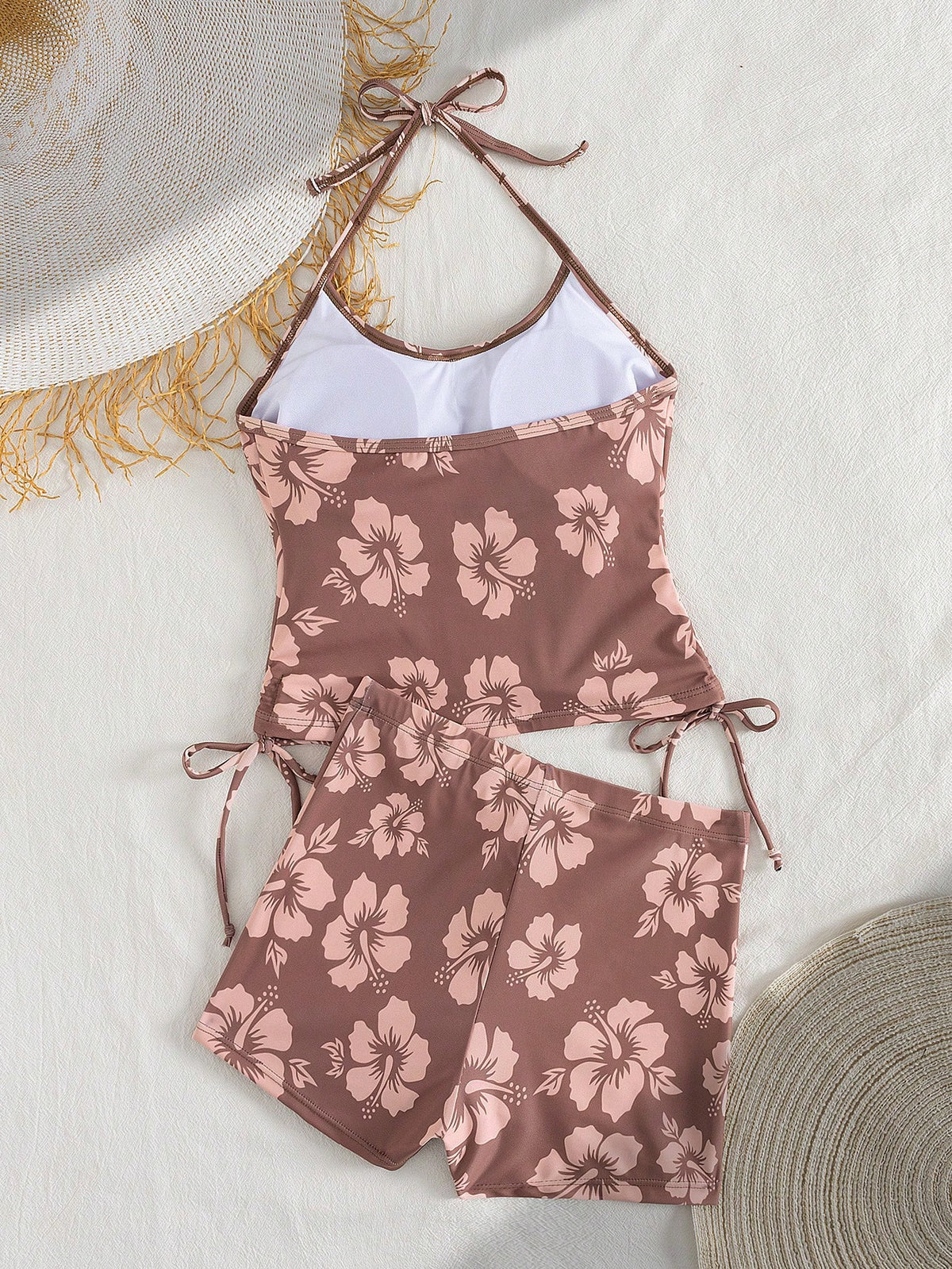 Summer Beach New 2-Piece Fashion Tankini Set, Full Coverage Camisole Top With Thin Straps, Floral Print, Conservative Bikini Shorts, Elegant Beach Vacation Style Swimsuit