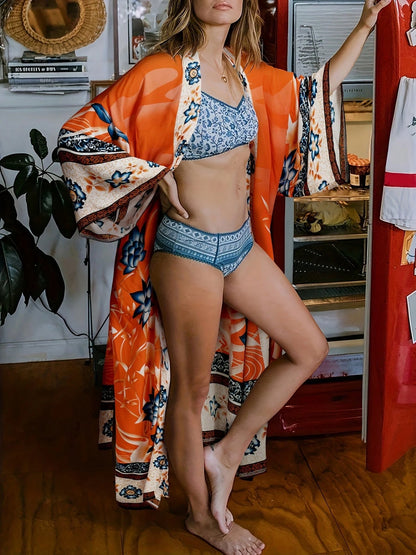 Summer Beach Smock, Crane Positioning, Printed Beach Topcoat, Sun Protection Belt, Beach Suit, Vacation Beach Skirt