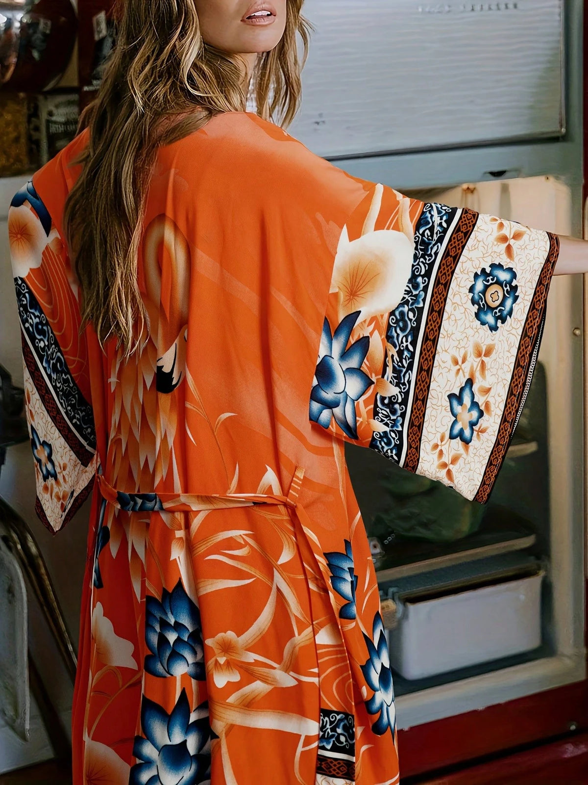 Summer Beach Smock, Crane Positioning, Printed Beach Topcoat, Sun Protection Belt, Beach Suit, Vacation Beach Skirt