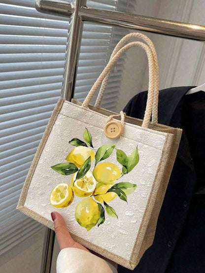 Summer Canvas Tote Bag, Lemon Pattern, Suitable For Daily Commute And Beach Vacation, Ideal Summer Gift