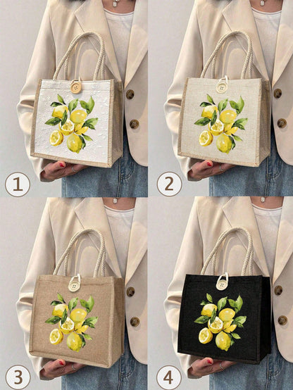Summer Canvas Tote Bag, Lemon Pattern, Suitable For Daily Commute And Beach Vacation, Ideal Summer Gift