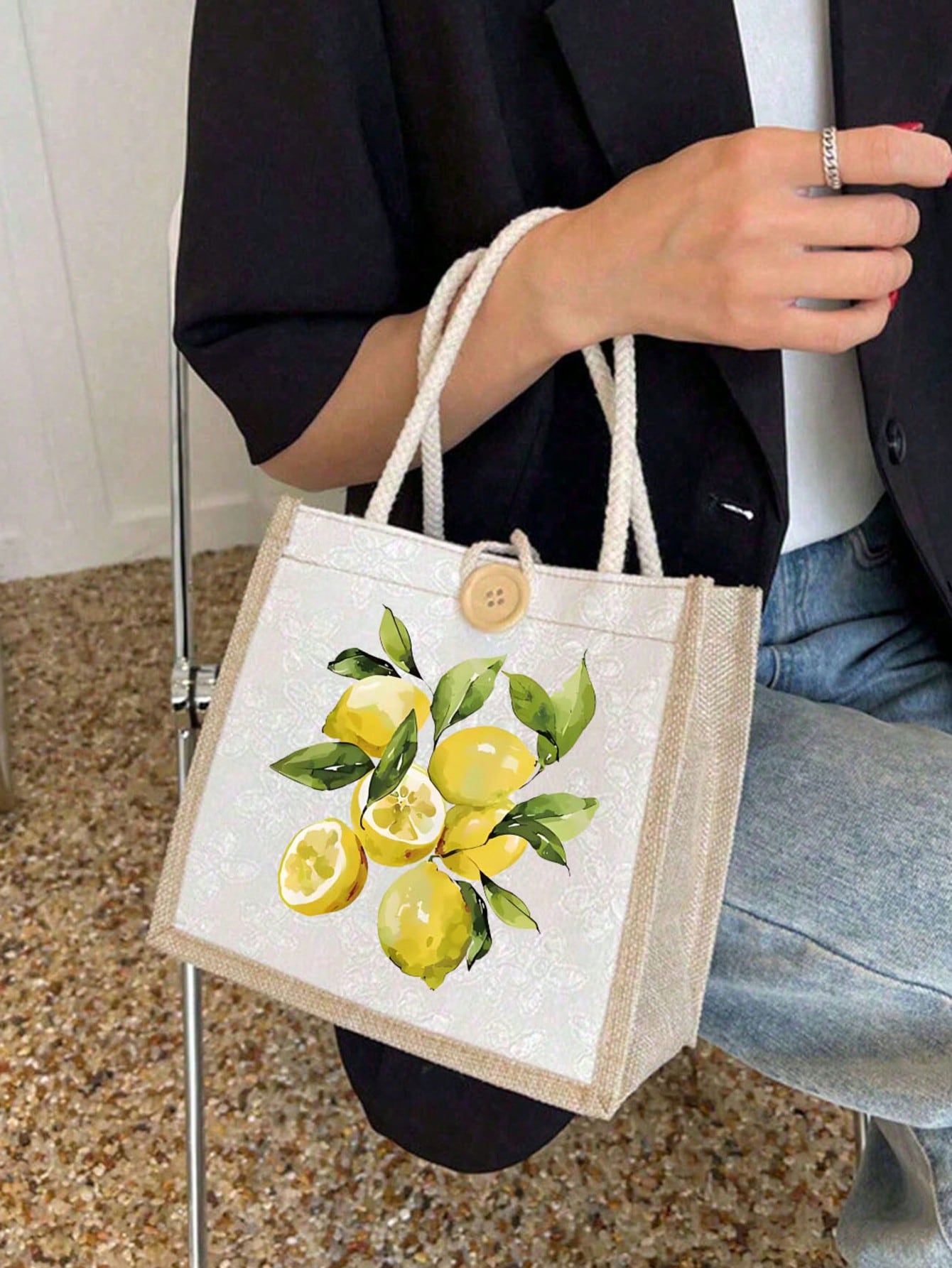 Summer Canvas Tote Bag, Lemon Pattern, Suitable For Daily Commute And Beach Vacation, Ideal Summer Gift