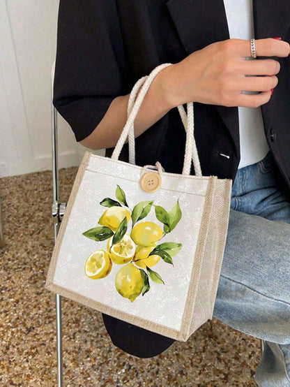 Summer Canvas Tote Bag, Lemon Pattern, Suitable For Daily Commute And Beach Vacation, Ideal Summer Gift