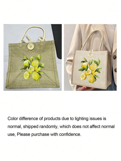 Summer Canvas Tote Bag, Lemon Pattern, Suitable For Daily Commute And Beach Vacation, Ideal Summer Gift