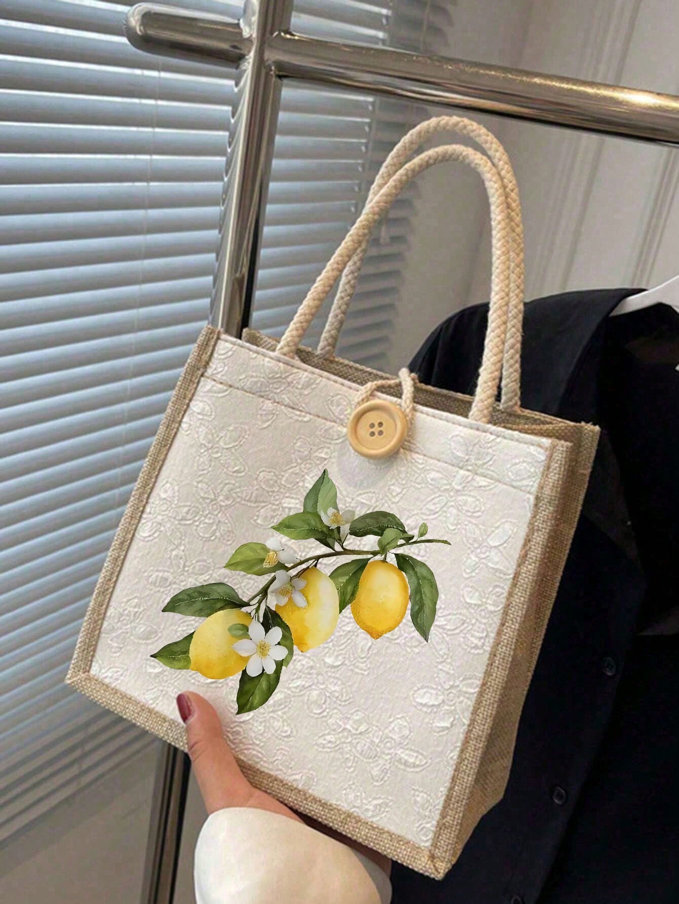 Summer Canvas Tote Bag, Lemon Pattern, Suitable For Daily Commute And Beach Vacation, Ideal Summer Gift