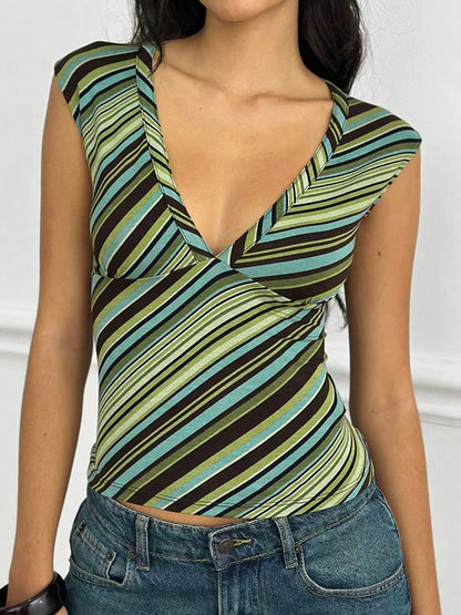 Summer Casual Vacation Back To School Vintage Green & Brown Striped Knit Vest Top Deep V-Neck