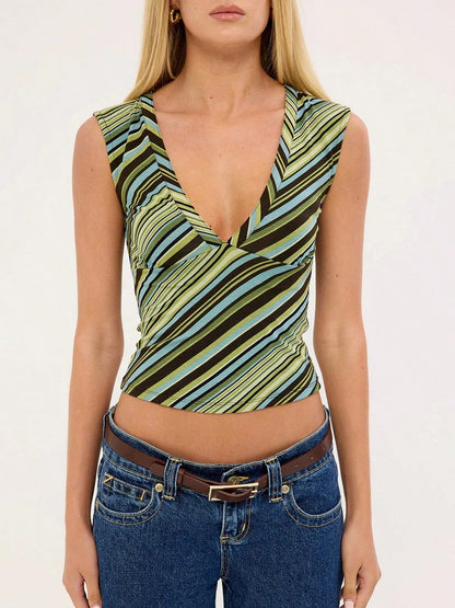 Summer Casual Vacation Back To School Vintage Green & Brown Striped Knit Vest Top Deep V-Neck