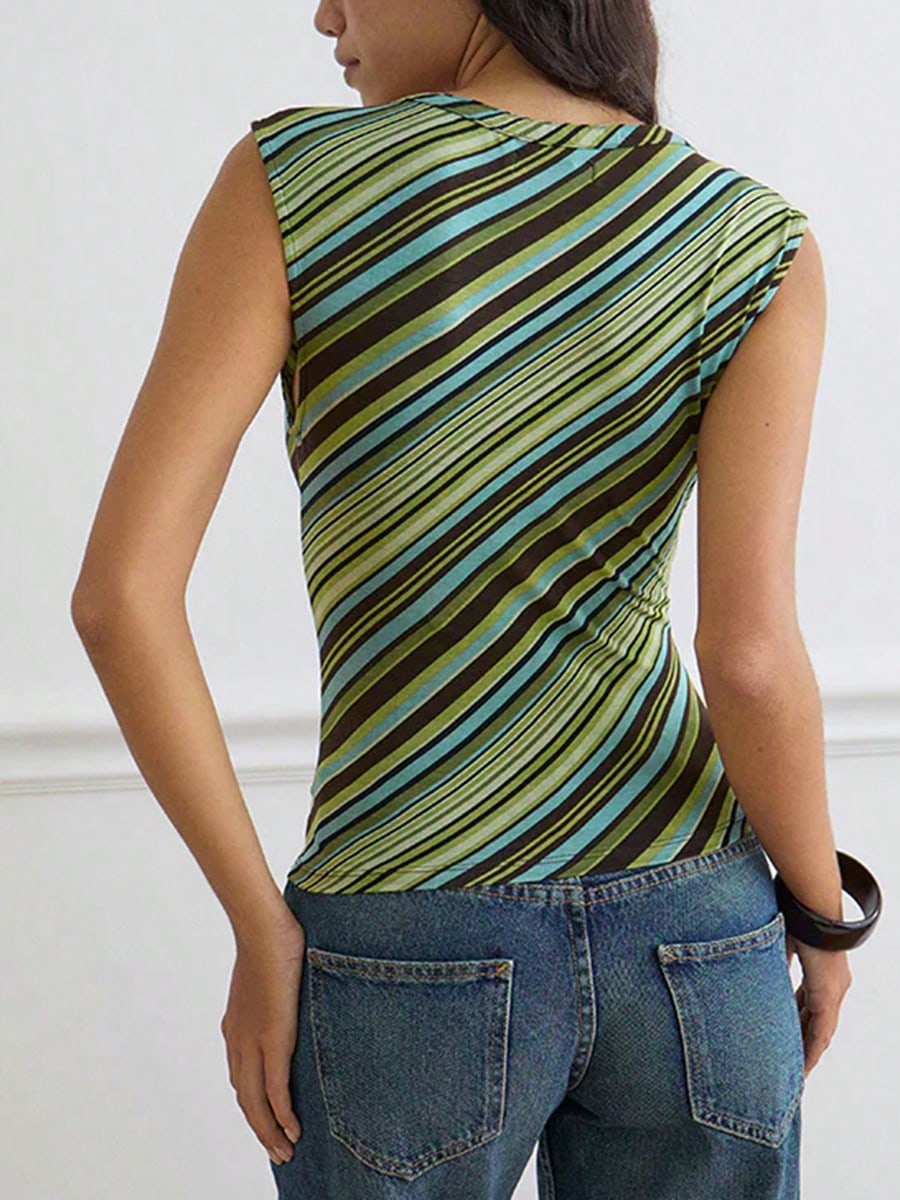Summer Casual Vacation Back To School Vintage Green & Brown Striped Knit Vest Top Deep V-Neck