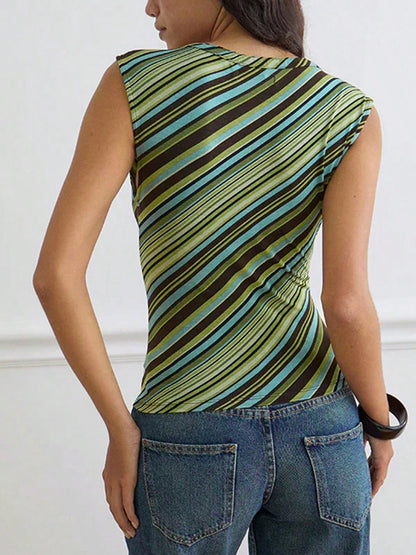 Summer Casual Vacation Back To School Vintage Green & Brown Striped Knit Vest Top Deep V-Neck
