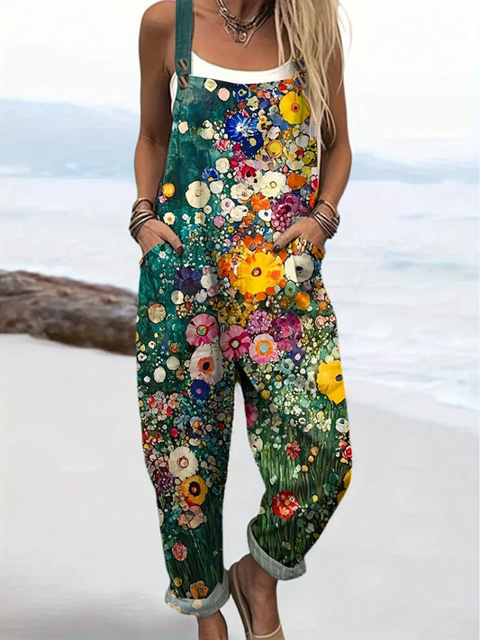 Summer Casual Wear, Vacation Floral Print Sleeveless Spaghetti Strap Jumpsuit, Loose Wide-Leg Overalls, Fashionable Design, Versatile Home Overalls- Floral 0472