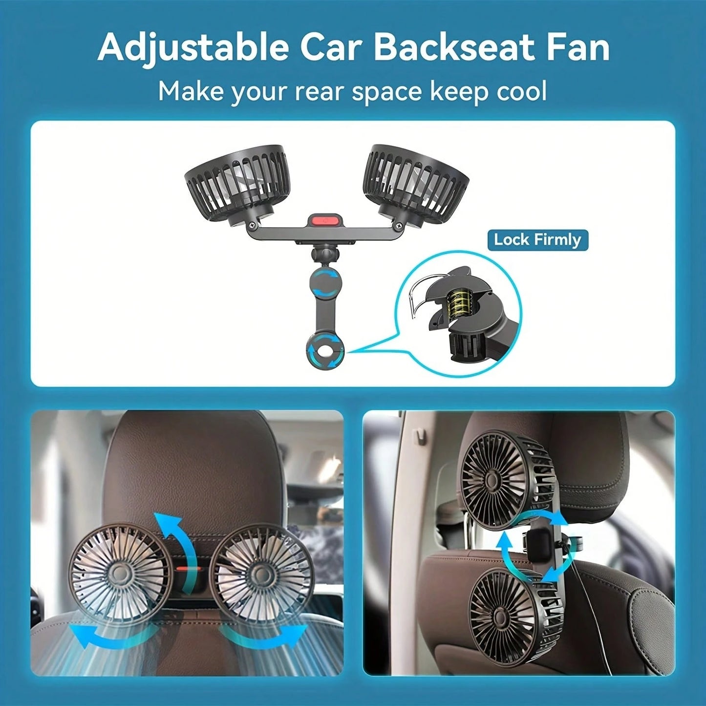 [Summer Cool]360° Rotating Triple-Speed Powerful Rear Seat Dual-Side Car Air Conditioning Fans- Suitable For Sedans, RVs, SUVs. Equipped With Adjustable Clips, This Air Circulation Fan Is Specially D