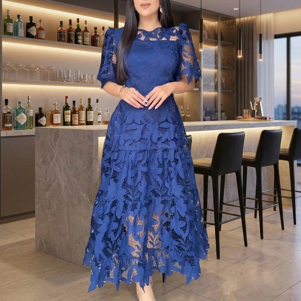 Summer Dresses For WomenElegant Royal Blue Floral Cutout Lace Dress, Round Neck Puff Short Sleeve High Waist Tiered Ruffle Hem Long Pdresses For Women