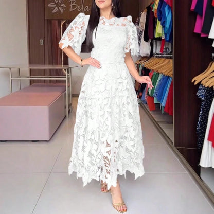 Summer Dresses For WomenElegant Royal Blue Floral Cutout Lace Dress, Round Neck Puff Short Sleeve High Waist Tiered Ruffle Hem Long Pdresses For Women