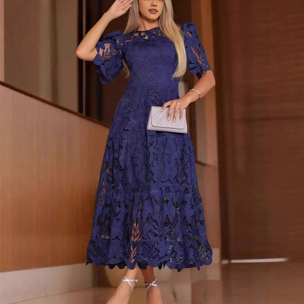 Summer Dresses For WomenElegant Royal Blue Floral Cutout Lace Dress, Round Neck Puff Short Sleeve High Waist Tiered Ruffle Hem Long Pdresses For Women