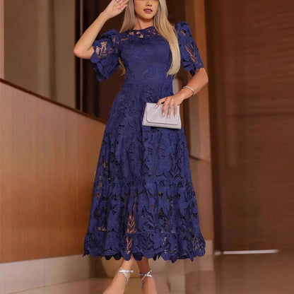 Summer Dresses For WomenElegant Royal Blue Floral Cutout Lace Dress, Round Neck Puff Short Sleeve High Waist Tiered Ruffle Hem Long Pdresses For Women