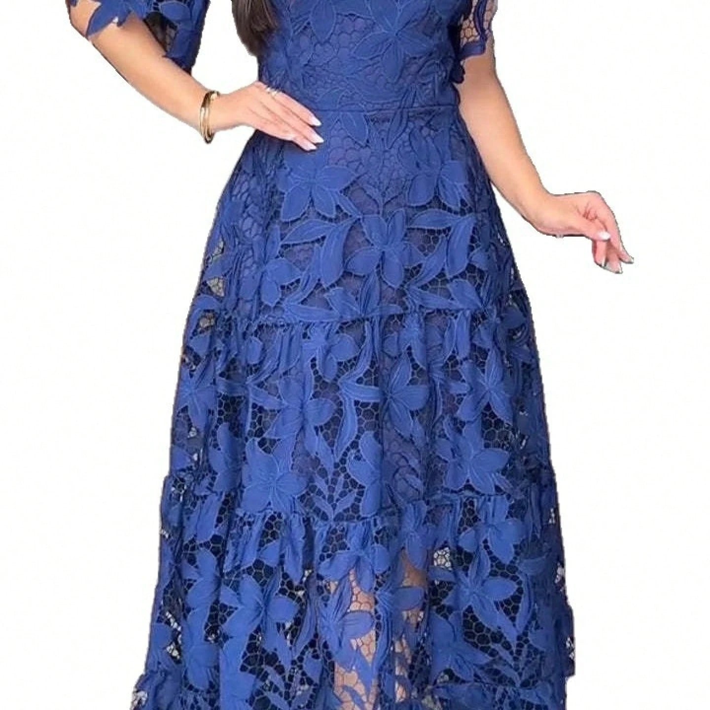 Summer Dresses For WomenElegant Royal Blue Floral Cutout Lace Dress, Round Neck Puff Short Sleeve High Waist Tiered Ruffle Hem Long Pdresses For Women