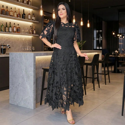 Summer Dresses For WomenElegant Royal Blue Floral Cutout Lace Dress, Round Neck Puff Short Sleeve High Waist Tiered Ruffle Hem Long Pdresses For Women