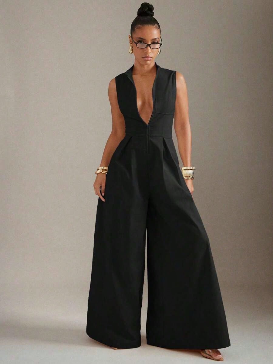 Summer Dresses For WomenHauture Extreme Wide Leg Zip Front Sleeveless Black JumpsuitLoose And Comfortabledresses For Women