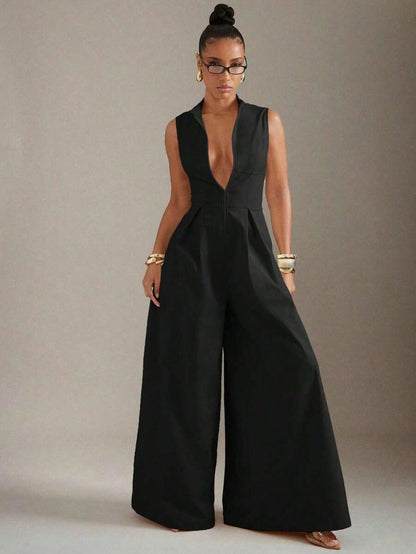 Summer Dresses For WomenHauture Extreme Wide Leg Zip Front Sleeveless Black JumpsuitLoose And Comfortabledresses For Women