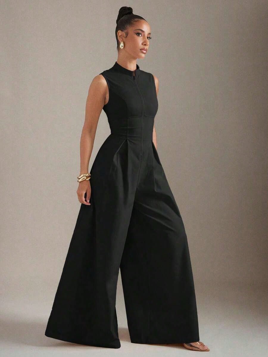 Summer Dresses For WomenHauture Extreme Wide Leg Zip Front Sleeveless Black JumpsuitLoose And Comfortabledresses For Women