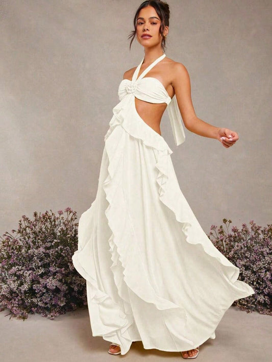 Summer Dresses For WomenL'Amorae Spring Summer Elegant Rosette Halter Neck Ruffle Maxi Dressdresses For Women
