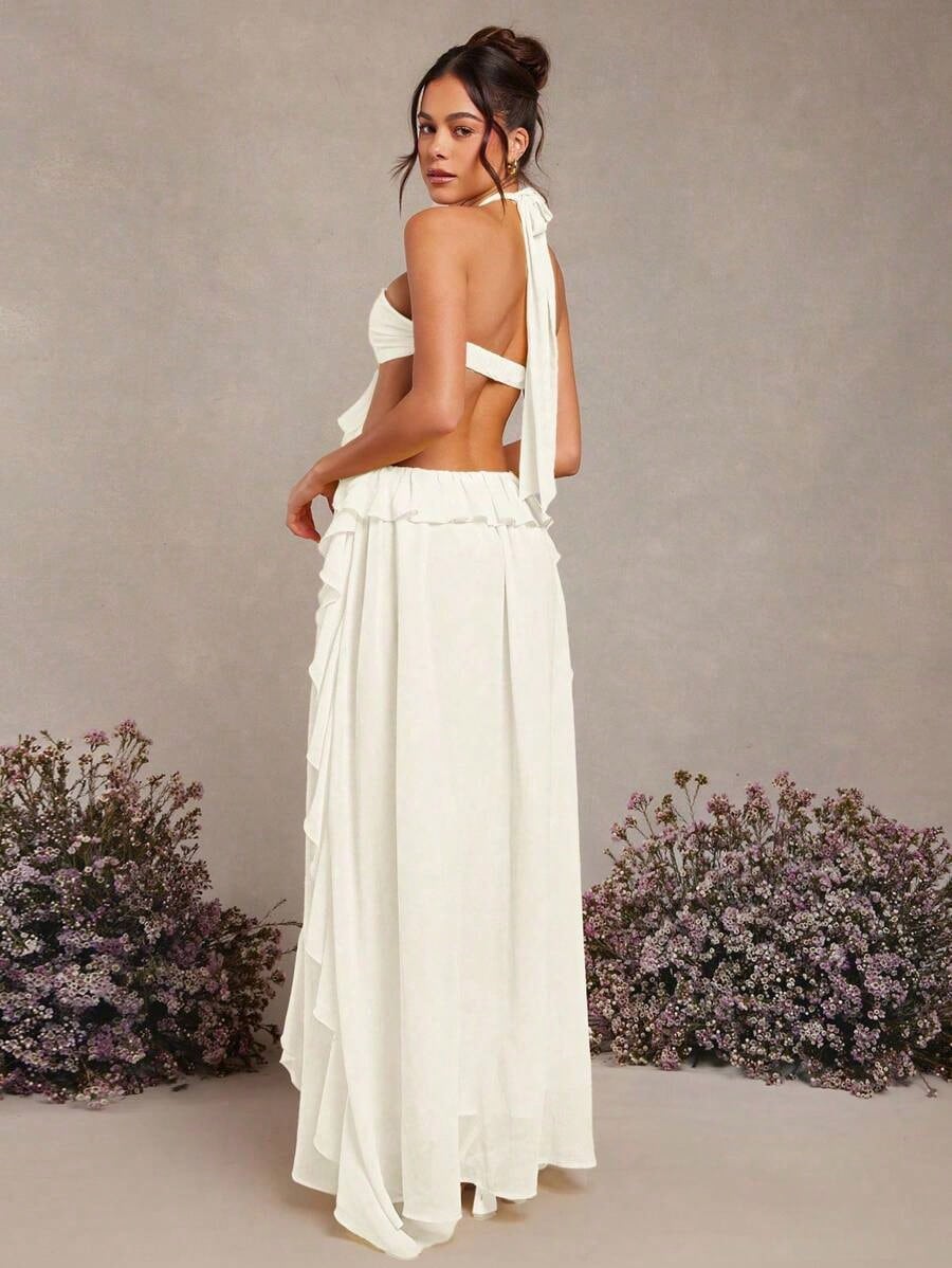 Summer Dresses For WomenL'Amorae Spring Summer Elegant Rosette Halter Neck Ruffle Maxi Dressdresses For Women