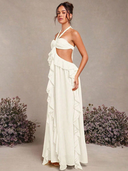 Summer Dresses For WomenL'Amorae Spring Summer Elegant Rosette Halter Neck Ruffle Maxi Dressdresses For Women