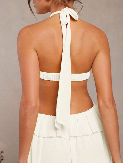 Summer Dresses For WomenL'Amorae Spring Summer Elegant Rosette Halter Neck Ruffle Maxi Dressdresses For Women