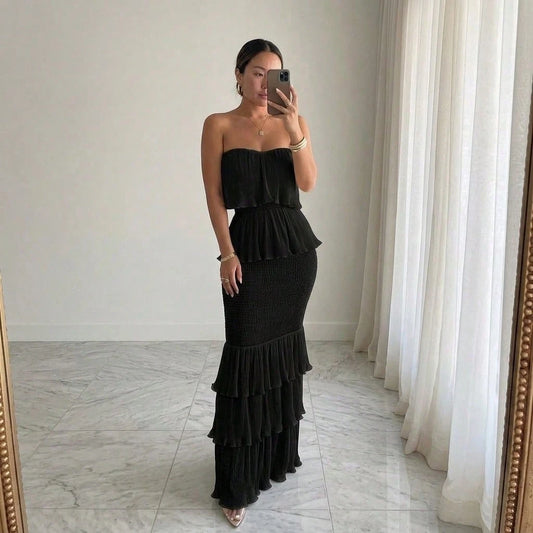Summer Dresses For WomenStrapless Smocked Pleated Ruffle Tiered Maxi Dress, Elegant Solid Off Shoulder Bodycon Long Summer Dress For Dresses For Women