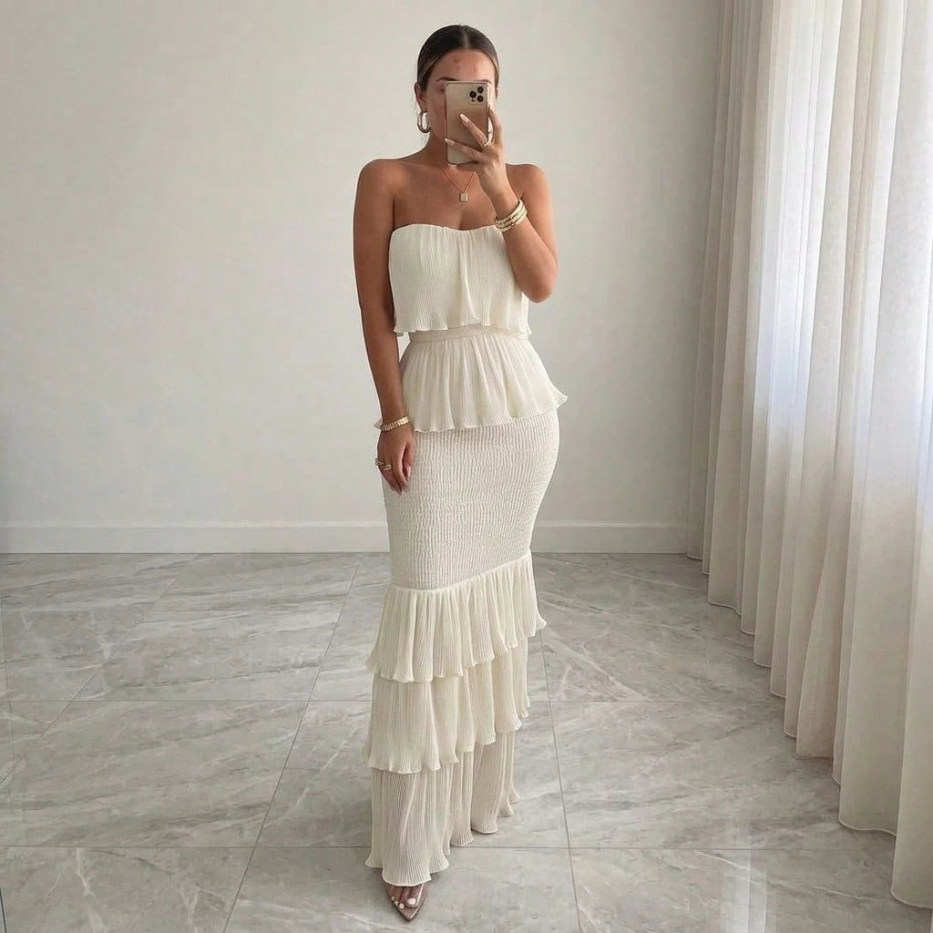 Summer Dresses For WomenStrapless Smocked Pleated Ruffle Tiered Maxi Dress, Elegant Solid Off Shoulder Bodycon Long Summer Dress For Dresses For Women