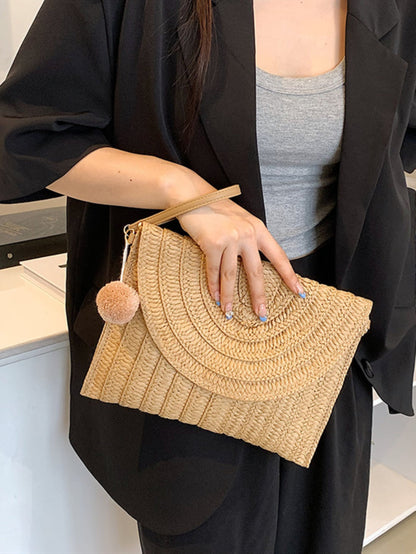 Summer Ladies Clutchbags Straw Woven Wallet Casual Portable Handmade Simple Elegant With Hairball Hanging