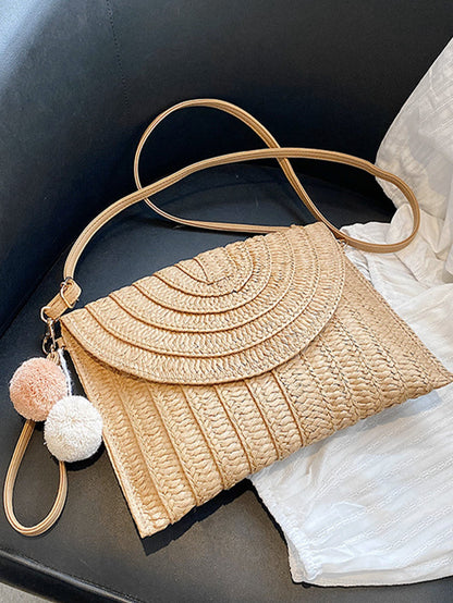 Summer Ladies Clutchbags Straw Woven Wallet Casual Portable Handmade Simple Elegant With Hairball Hanging