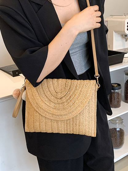 Summer Ladies Clutchbags Straw Woven Wallet Casual Portable Handmade Simple Elegant With Hairball Hanging