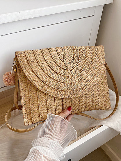 Summer Ladies Clutchbags Straw Woven Wallet Casual Portable Handmade Simple Elegant With Hairball Hanging