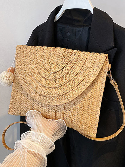 Summer Ladies Clutchbags Straw Woven Wallet Casual Portable Handmade Simple Elegant With Hairball Hanging