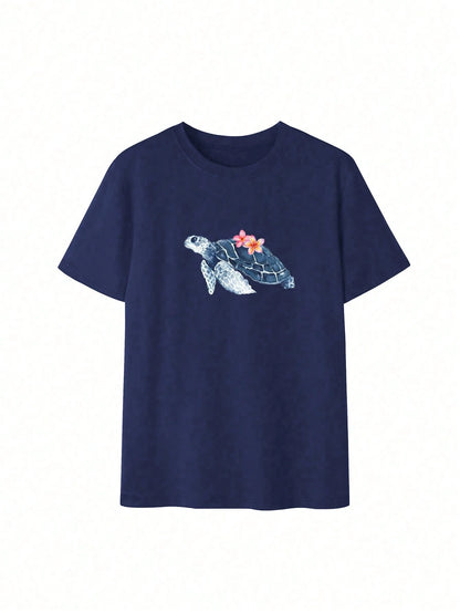 Summer New Minimalist Fashion Ins Sea Turtle Print Casual Round Neck Short Sleeve T-Shirt, Versatile Stylish Women Top Vacation