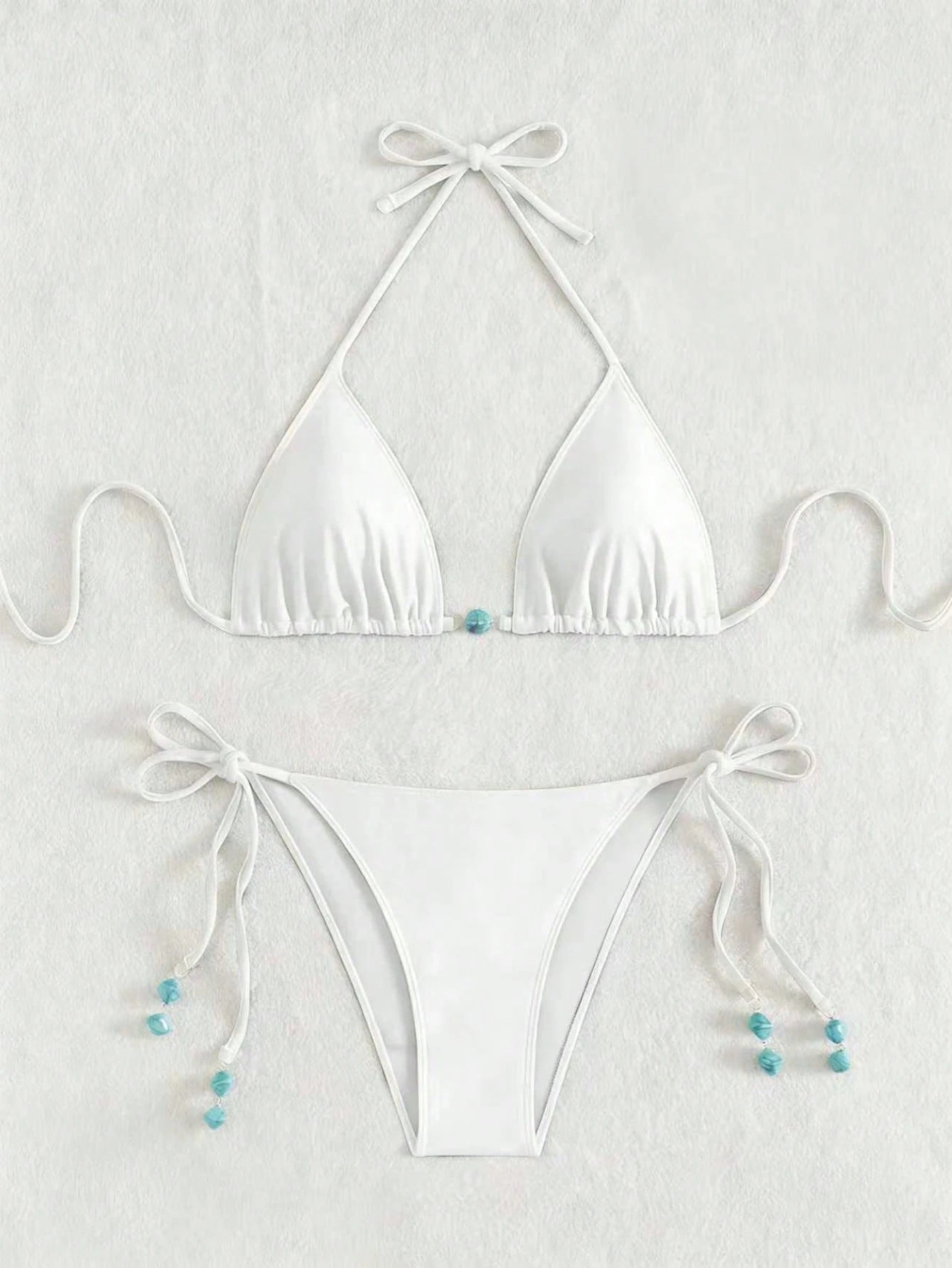 Summer New Spaghetti Strap Backless White Bikini Bottoms With Side Tie & Blue Beaded Ends, 2 Pieces Swimwear For Women Vacation Beach