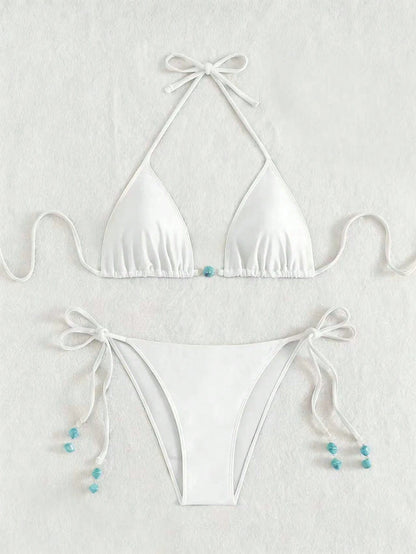 Summer New Spaghetti Strap Backless White Bikini Bottoms With Side Tie & Blue Beaded Ends, 2 Pieces Swimwear For Women Vacation Beach