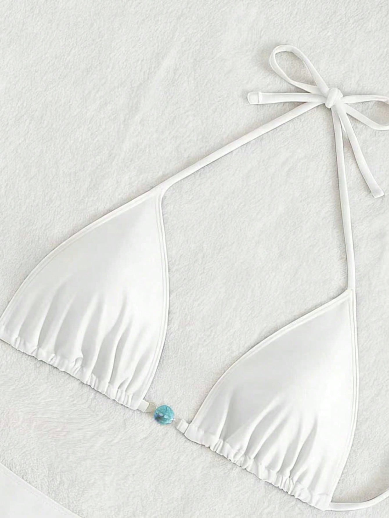 Summer New Spaghetti Strap Backless White Bikini Bottoms With Side Tie & Blue Beaded Ends, 2 Pieces Swimwear For Women Vacation Beach